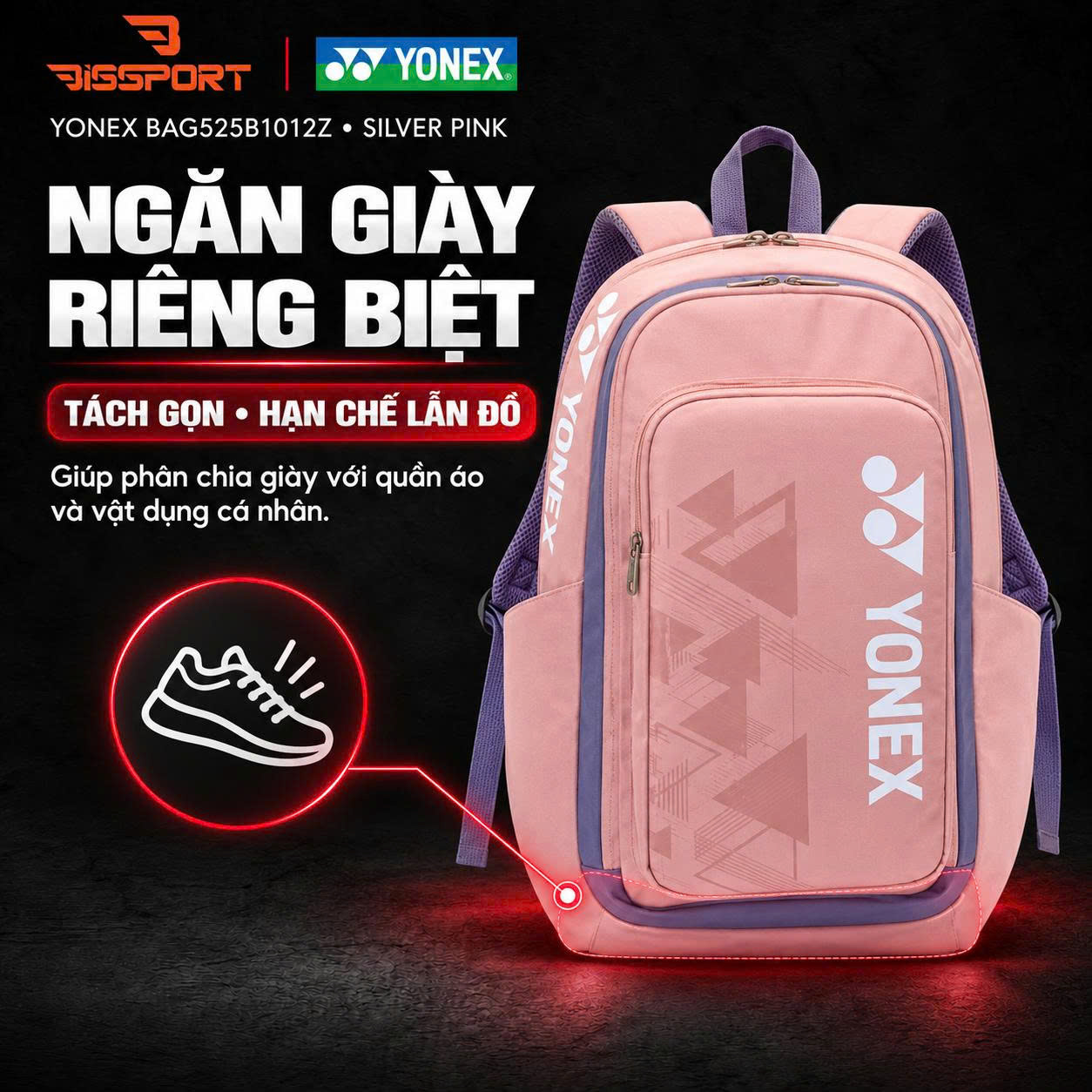 Balo Cầu Lông Yonex BAG525B1012Z SILVER PINK Chính Hãng - Tiện Dụng - Bền Bỉ - Chắc Chắn - Nhẹ - Đa Năng